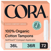 Cora Organic Tampons Multipack front view shows 36 light and 36 regular for versatile absorbency options.