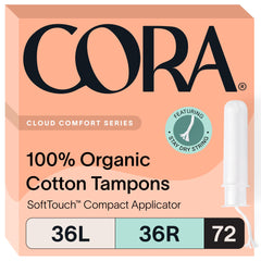 Cora Organic Tampons Multipack front view shows 36 light and 36 regular for versatile absorbency options.