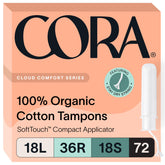 Cora organic tampons multipack packaging shows 72-count set for variety