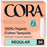Cora Organic Tampons Regular Pack showing 36 tampons for all-day protection.