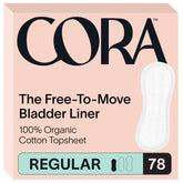 Cora organic topsheet bladder liner regular pack shot highlighting hypoallergenic material for sensitive skin.