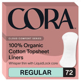 Cora packaging highlights 100% organic cotton topsheet for gentle protection.