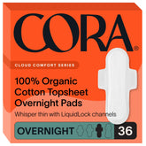 Cora topsheet pads with wings provide overnight protection and a dry feel.