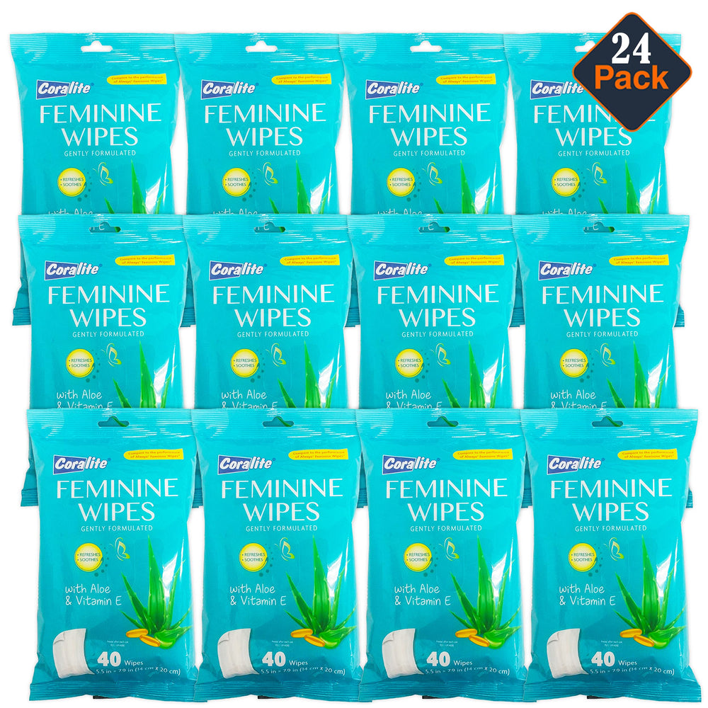 Coralite feminine wipes pack shot showing 40 wipes in resealable pouch for on-the-go freshness.