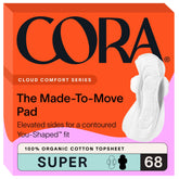 Cora 68-pack Made-to-Move topsheet pads offer contoured fit for active days.