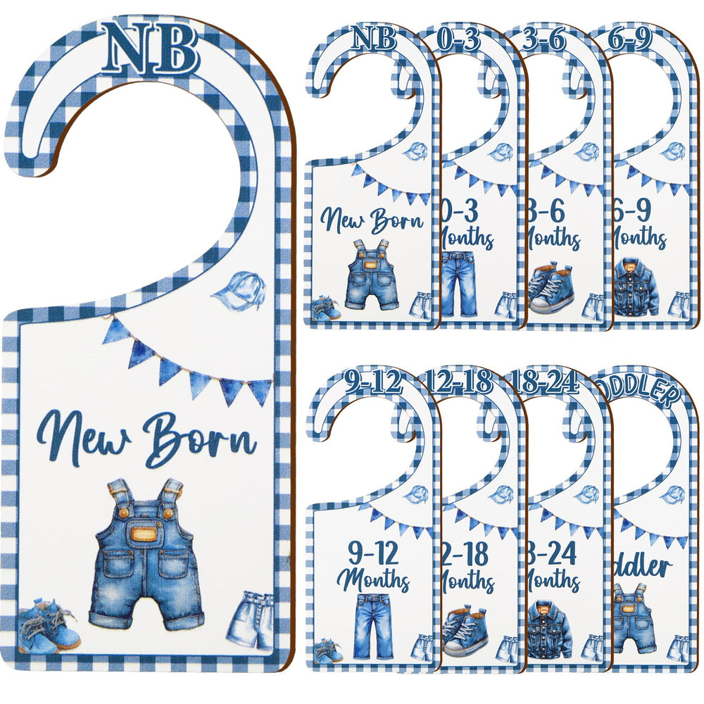 CORNER LACE baby closet dividers denim front view for organized newborn clothing.