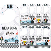 Corner Lace racing car dividers in front view organize newborn outfits clearly.