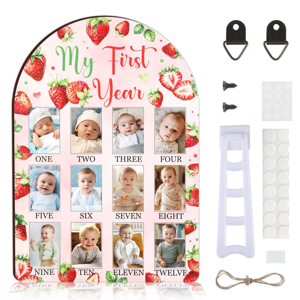 CORNER LACE Strawberry Baby First Year Frame front view highlights monthly milestone photos