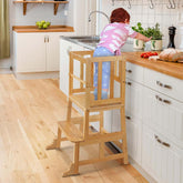 COSYLAND Kids Kitchen Step Stool front view shows CPC certification and sturdy bamboo.
