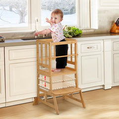 COSYLAND Toddler Standing Tower full view shows natural bamboo frame for stable kitchen reach.