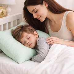 Cotton Stich nursery-ready pillowcase on apple green, ideal for travel and daily naps.