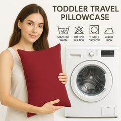 Cotton Stich burgundy toddler pillowcase in a nursery setting for kids.