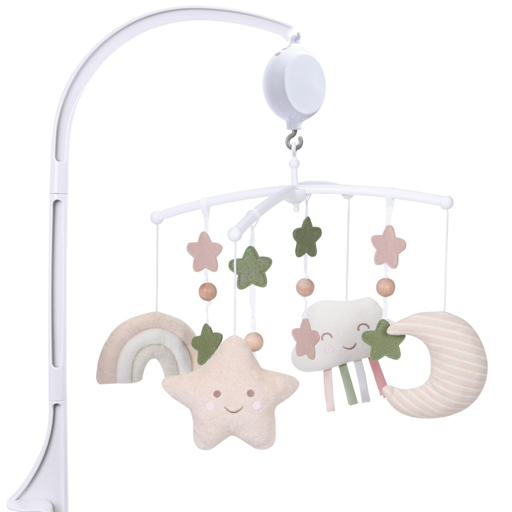 COTTONBEBE crib mobile with star rotation to boost visual tracking for babies.