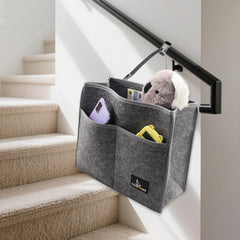 Cover Geny stair-handrail-caddy on rail holds toys within easy reach.
