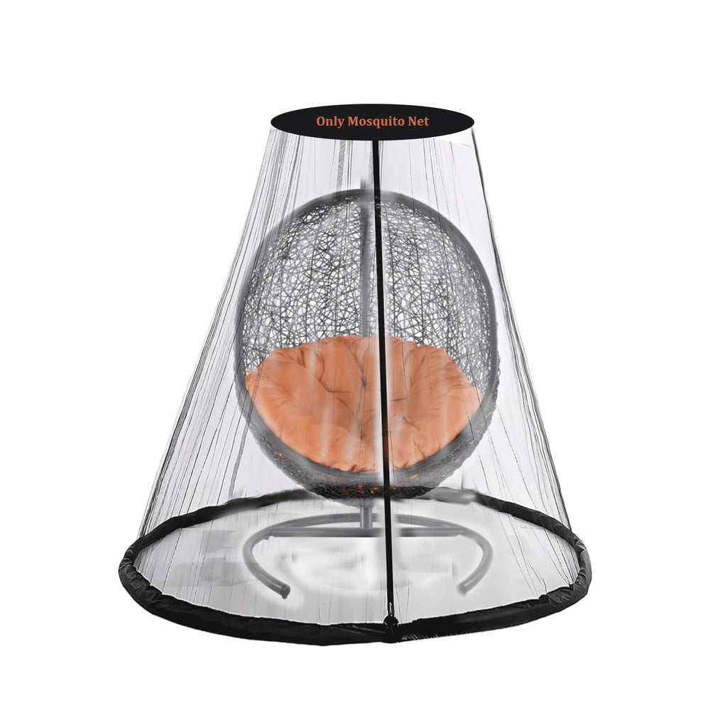 Coverify hanging egg chair netting shows bottom diameter 69in for insect-free lounging.