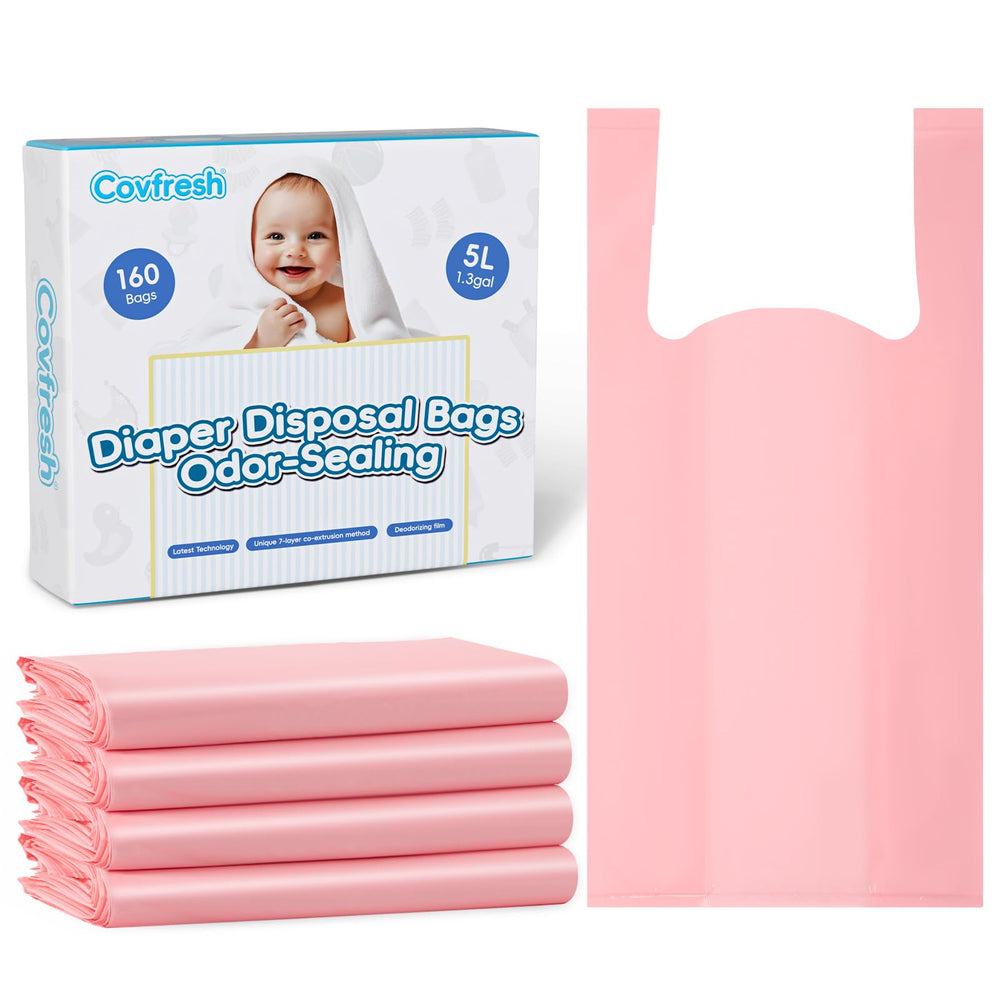Covfresh odor-sealing diaper bags with pink box designed for odor control at home