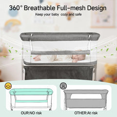 Cowiewie bassinet with 360-degree mesh for visibility and airflow.
