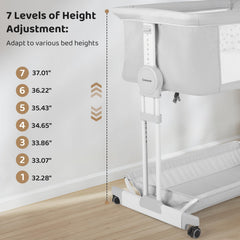 Cowiewie Bassinet shows seven-height adjustability for bed alignment.