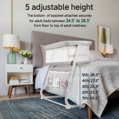 Cowiewie Bassinet's 5-height base fits most beds.