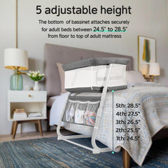 Cowiewie bassinet with glide-under legs for space-saving bedside placement.