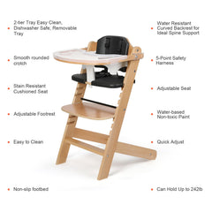 Cowiewie high chair side view with adjustable tray demonstrates growing baby dining flexibility