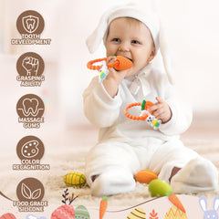 Cozzymore baby teether carrot shape promotes sensory exploration while soothing sore gums.