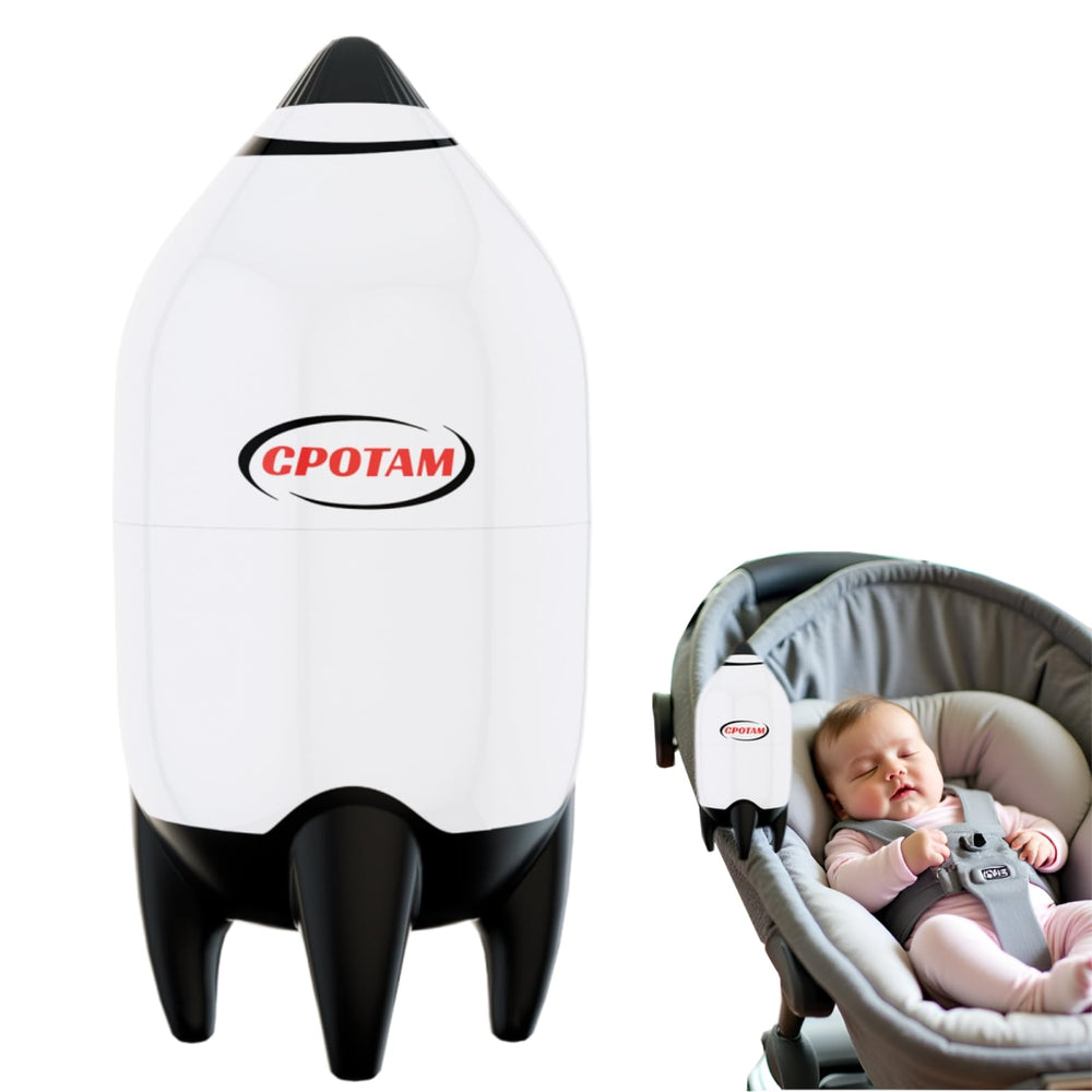CPOTAM hands-free stroller device securely attached for convenient soothing on the go.