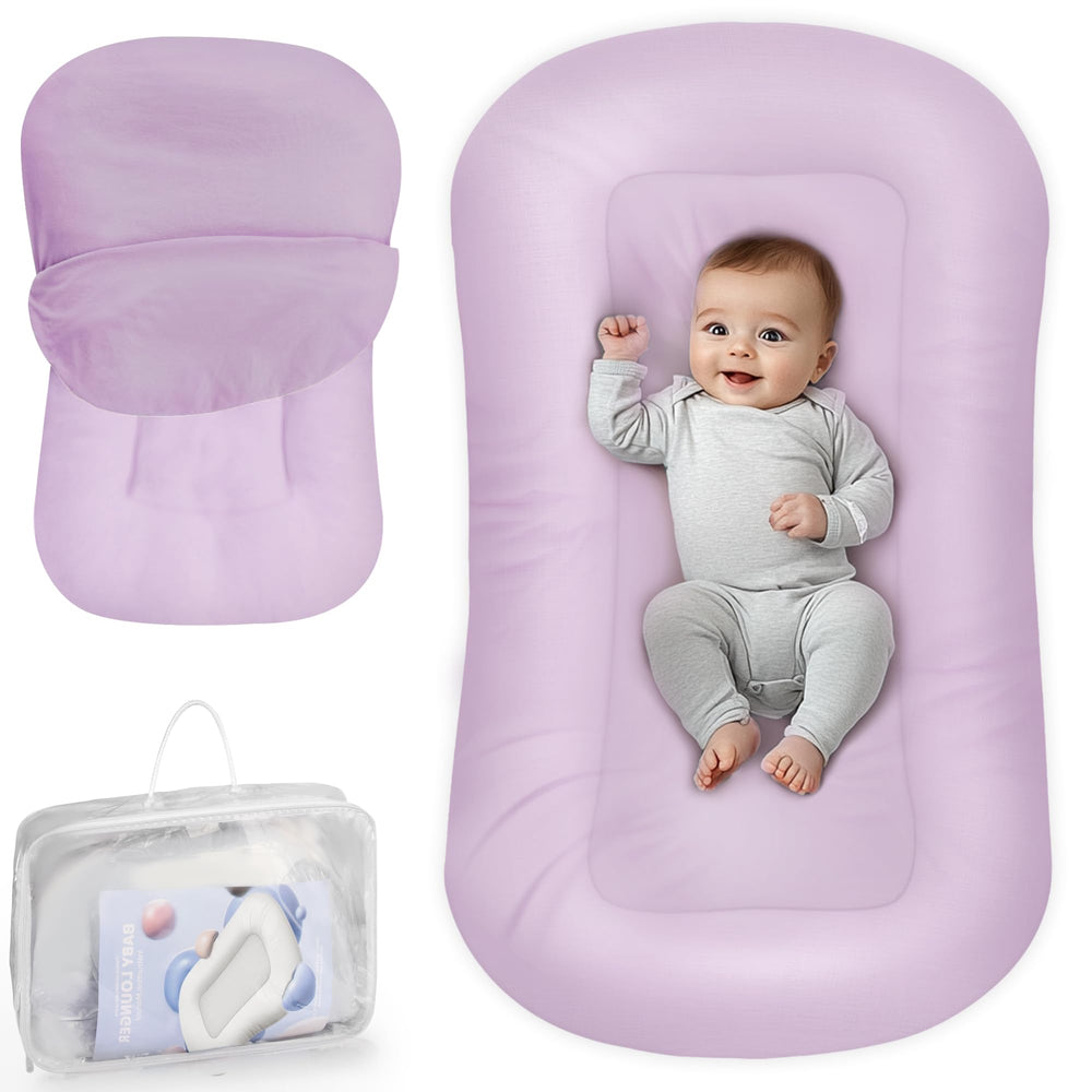 Cpzzkq Baby Lounger front view in purple, breathable cotton for newborn comfort.