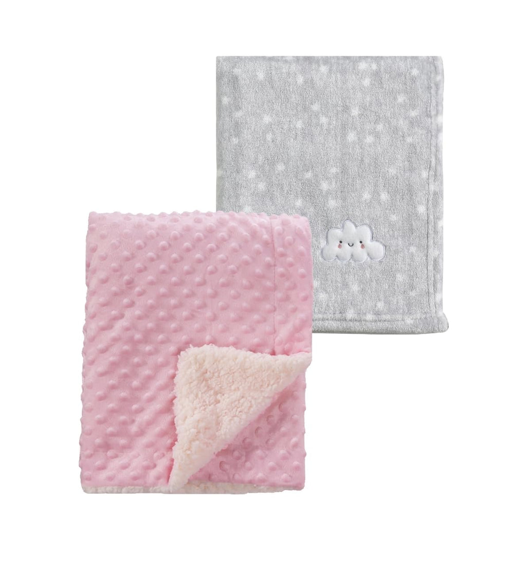 CREVENT baby blanket in grey cloud and pink sherpa, ideal for swaddling and naps.