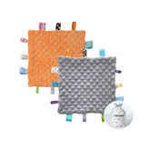 CREVENT tag security blanket for babies, front view in grey and orange, soothing touch and grip