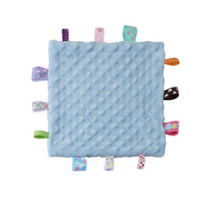 CREVENT Tag Security Blanket in blue tag offers soothing comfort with soft minky fabric.