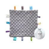 CREVENT Tag Security Blanket Grey front view with soft Minky dots for comforting babies.