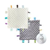 CREVENT Tag Security Blanket in grey and ivory with soft minky fabric for gentle comfort