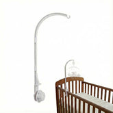 Crib mobile arm 26 inch white front view with secure rail mounting that reduces wobble.
