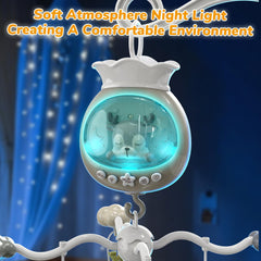 Crib Mobile with Music and Lights features remote control for easy adjustments.