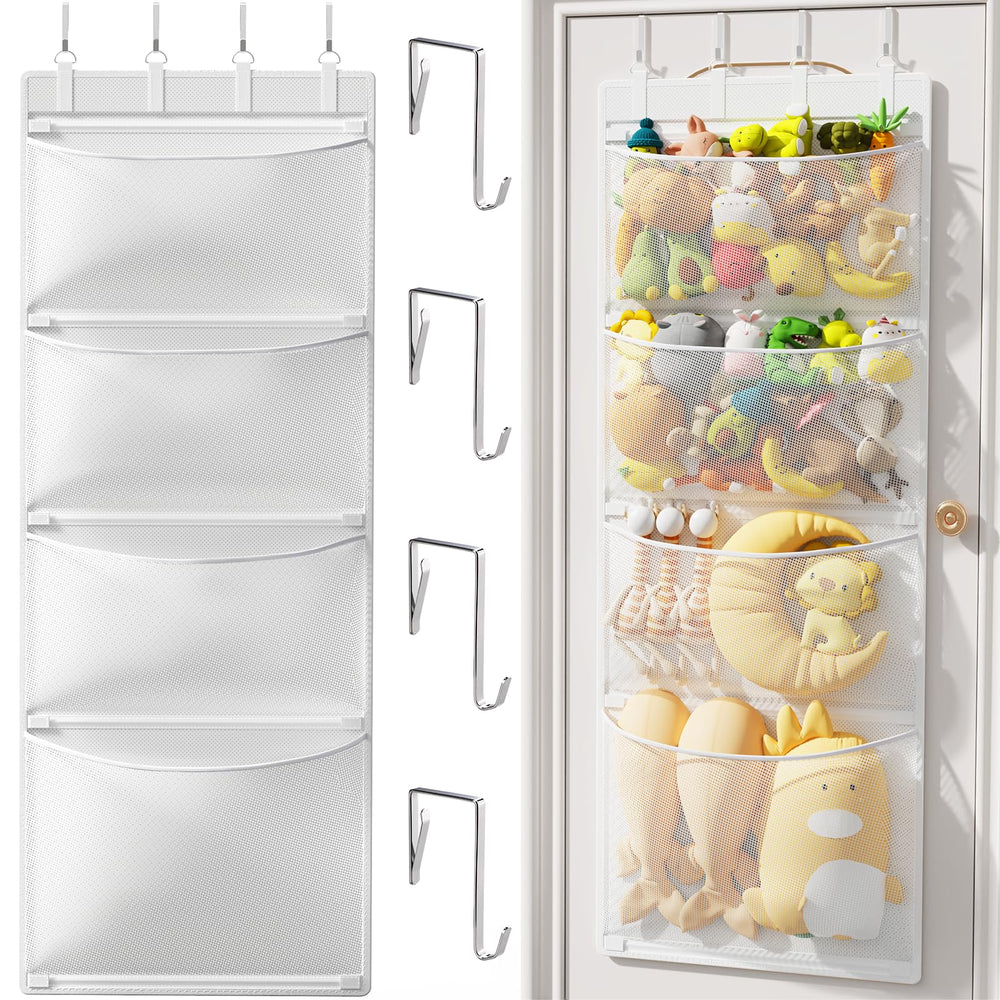 Criusia over-the-door organizer with four mesh pockets keeps plush toys tidy and visible.