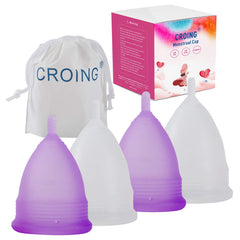 Croing four piece menstrual cup set, front view, eco-friendly daily option.