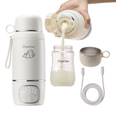 CrystCare portable bottle warmer in use showing quick 5-minute heat for on-the-go feeding