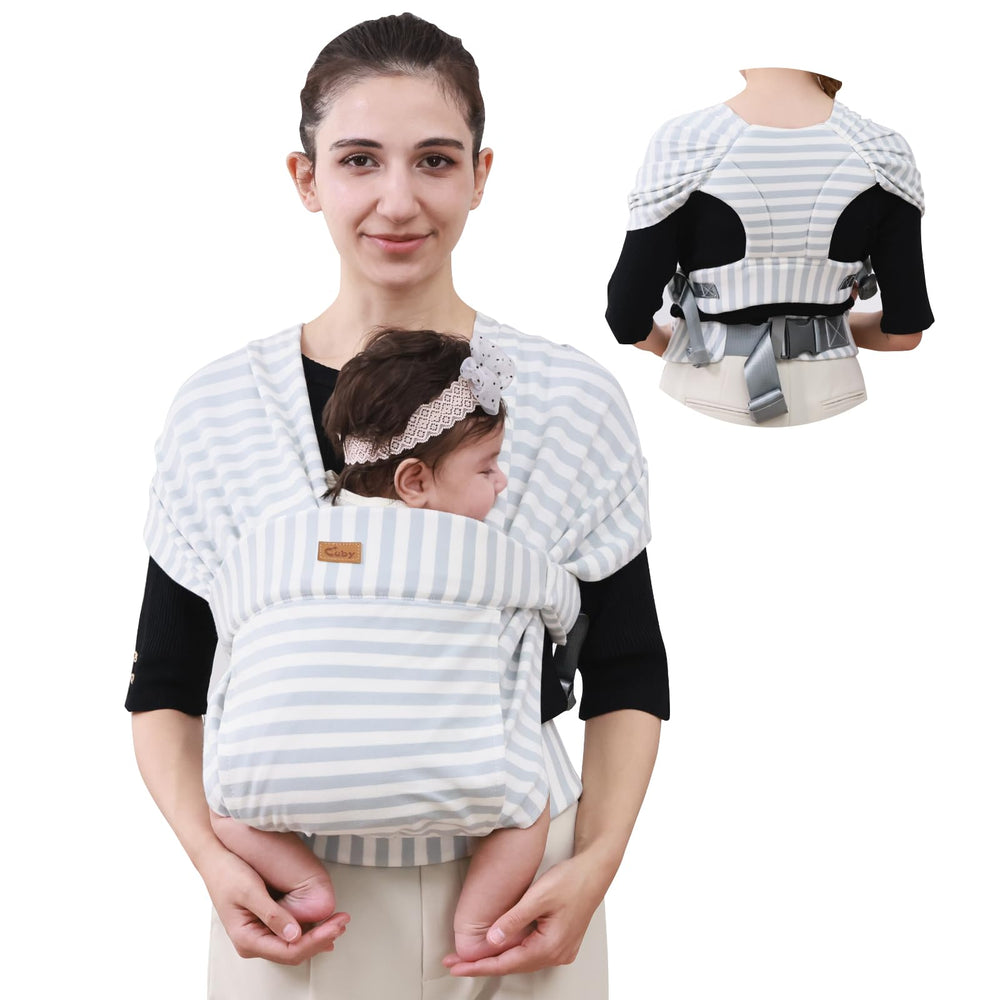 CUBY newborn wrap in green stripe front carry for hands-free bonding.