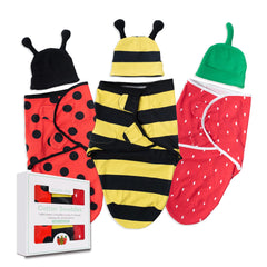 Cuddle Club baby swaddle with novelty hat for cozy photos and secure wrapping.