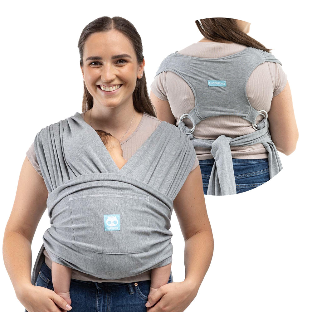 CuddleBug CuddleCarry prewrap wrap gray overhead wear for easy, one-handed donning