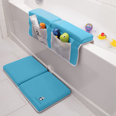 Cuddling Baby bath kneeler blue reduces knee strain during bath time.