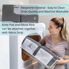 Cuddling Baby elbow rest gray mesh pockets store toys and wipes neatly.