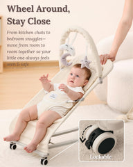 Cuddo Baby Bouncer wheels with brakes enable safe room-to-room movement.