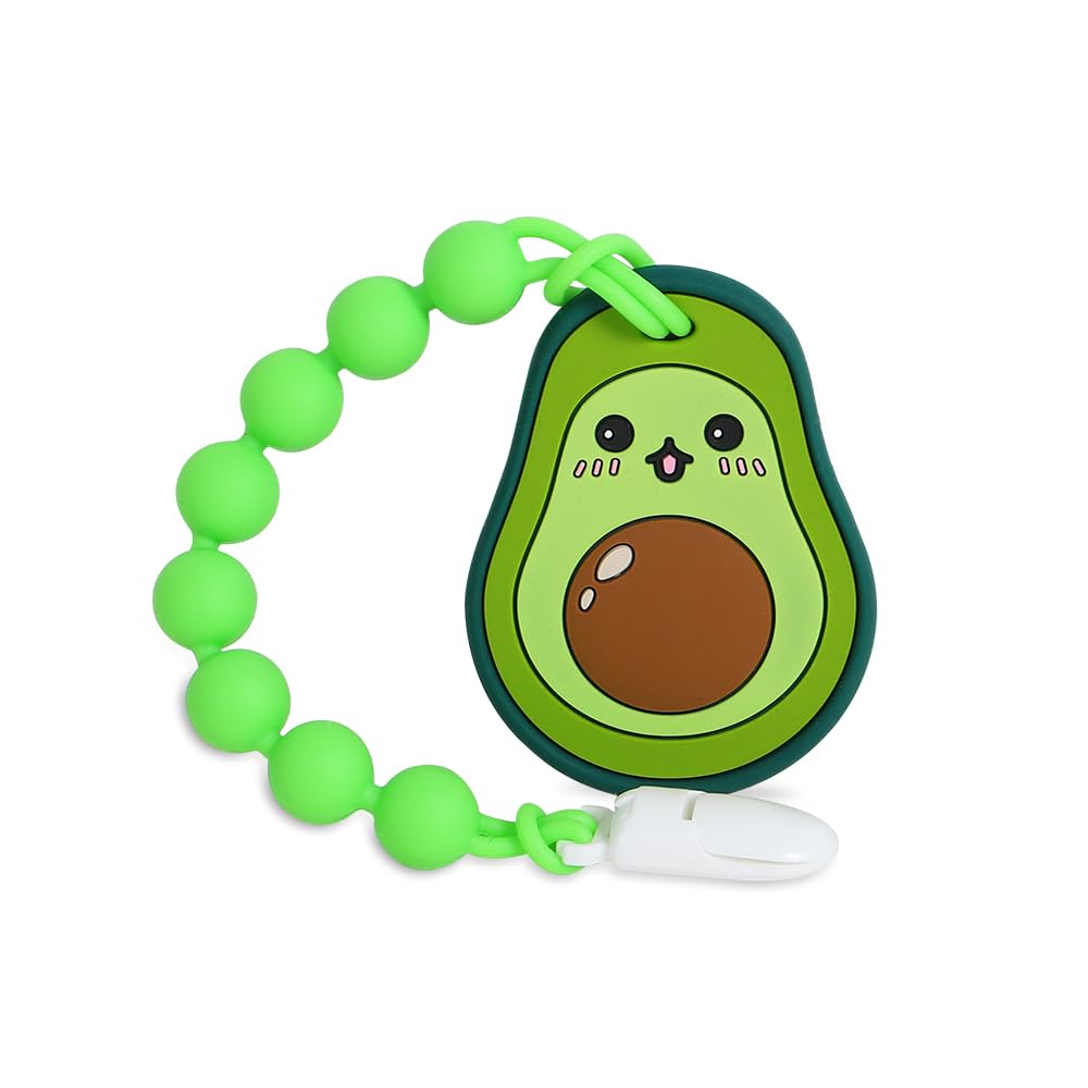 Cuebo Avocado Teether in use, soothing gums with safe silicone
