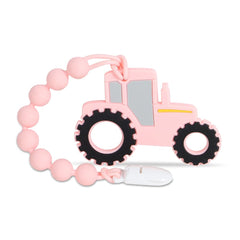 Cuebo Baby Tractor Teether pink front view with easy grip for soothing gums