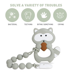 Cuebo easy-grasp teether gray raccoon fits small hands easily.
