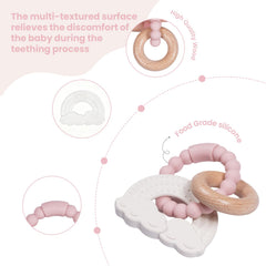 Cuebo teether close-up with textured surfaces to engage baby during teething