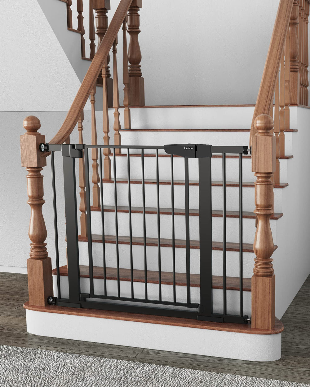 Cumbor baby gate on stairs with secure black finish for stair safety.