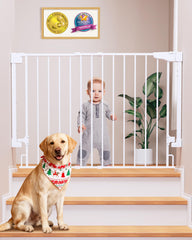 Cumbor baby gate at top of stairs with drill-mounted safety.